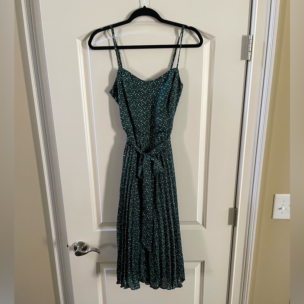 Lucy Paris Green Polka Dot Tie Waist Pleated Midi Dress XS Cottagecore